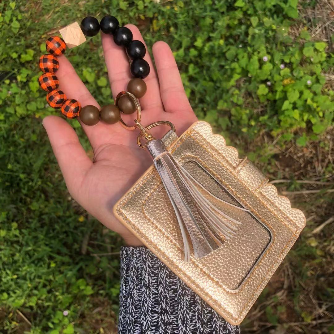 Wholesale Christmas Colorful Beads PU Tassel Bracelet Coin Purse Keychain